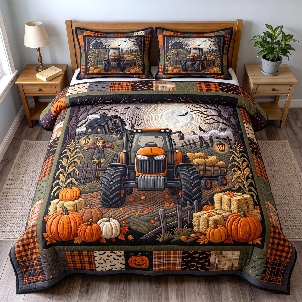 Moonlit Pumpkin Tractor quilted bedding set, quilt and two pillow shams on a made bed