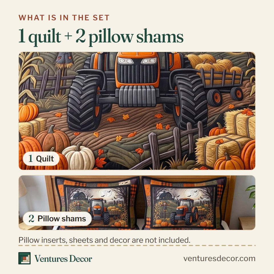 What is in the set: one quilt and two pillow shams, shown in the Moonlit Pumpkin Tractor design