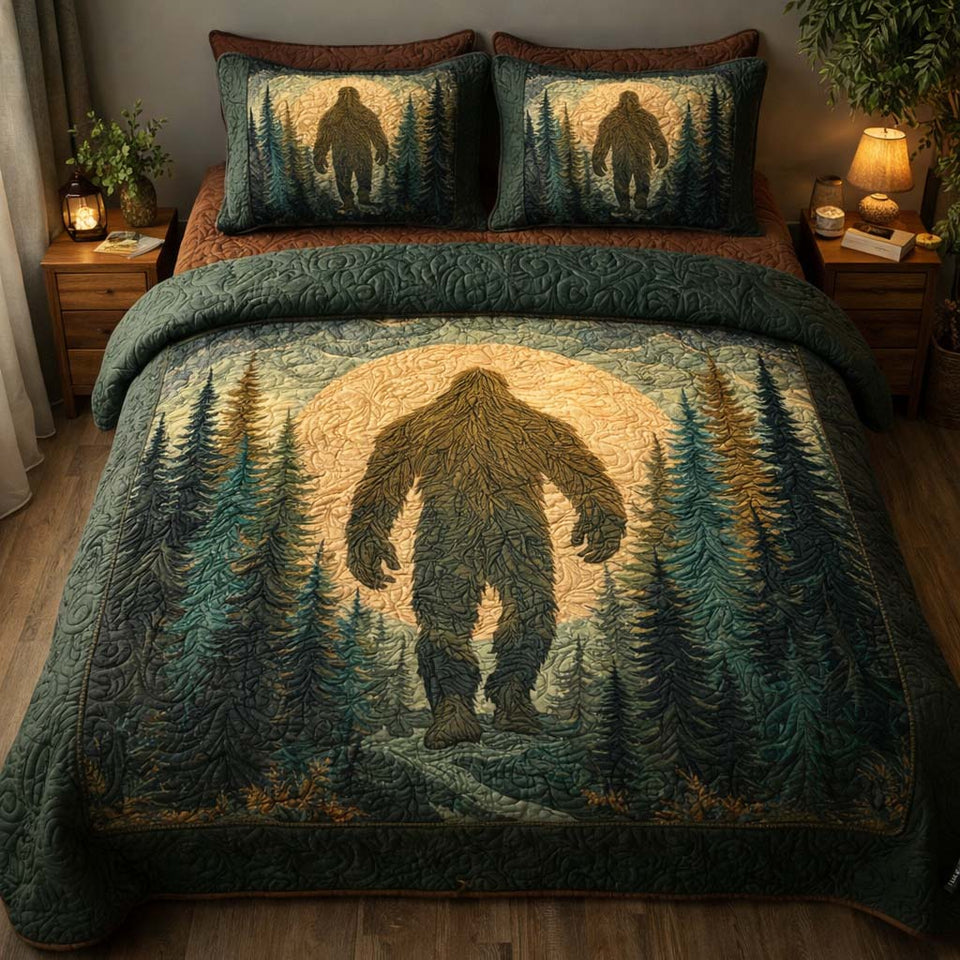 Moonlit Shadow Bigfoot quilted bedding set, quilt and two pillow shams on a made bed