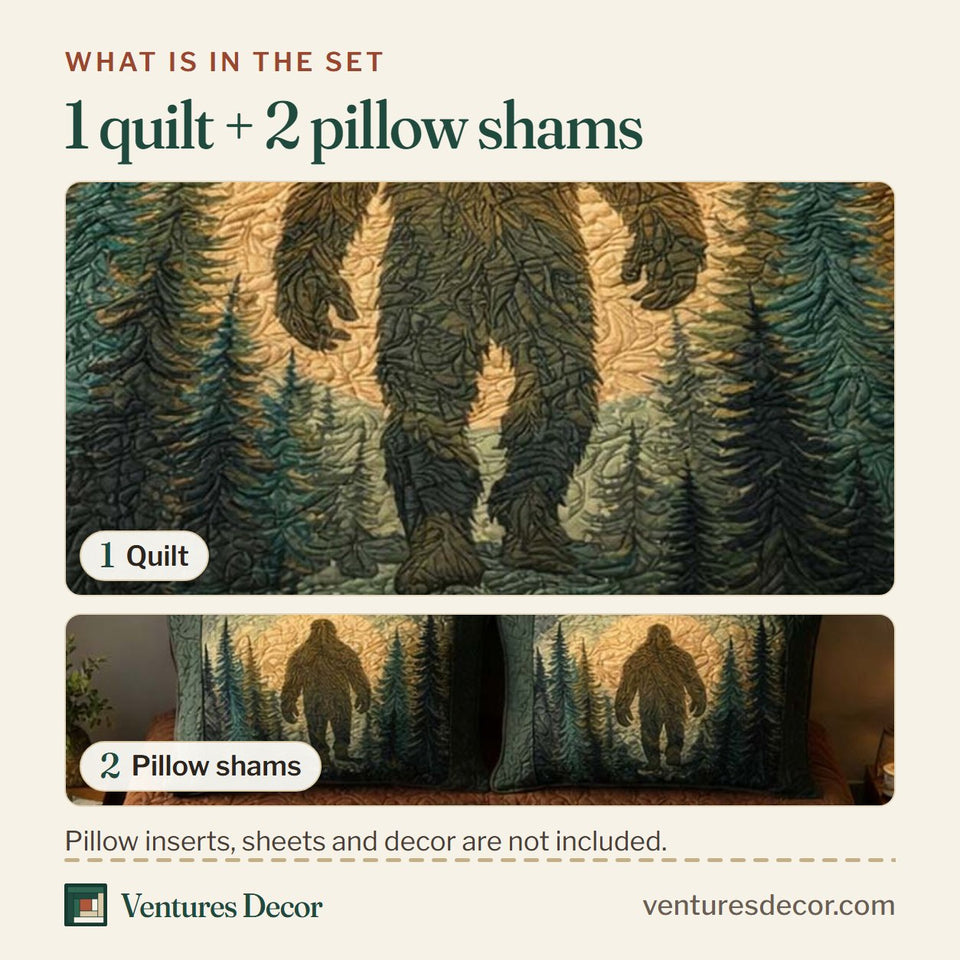 What is in the set: one quilt and two pillow shams, shown in the Moonlit Shadow Bigfoot design