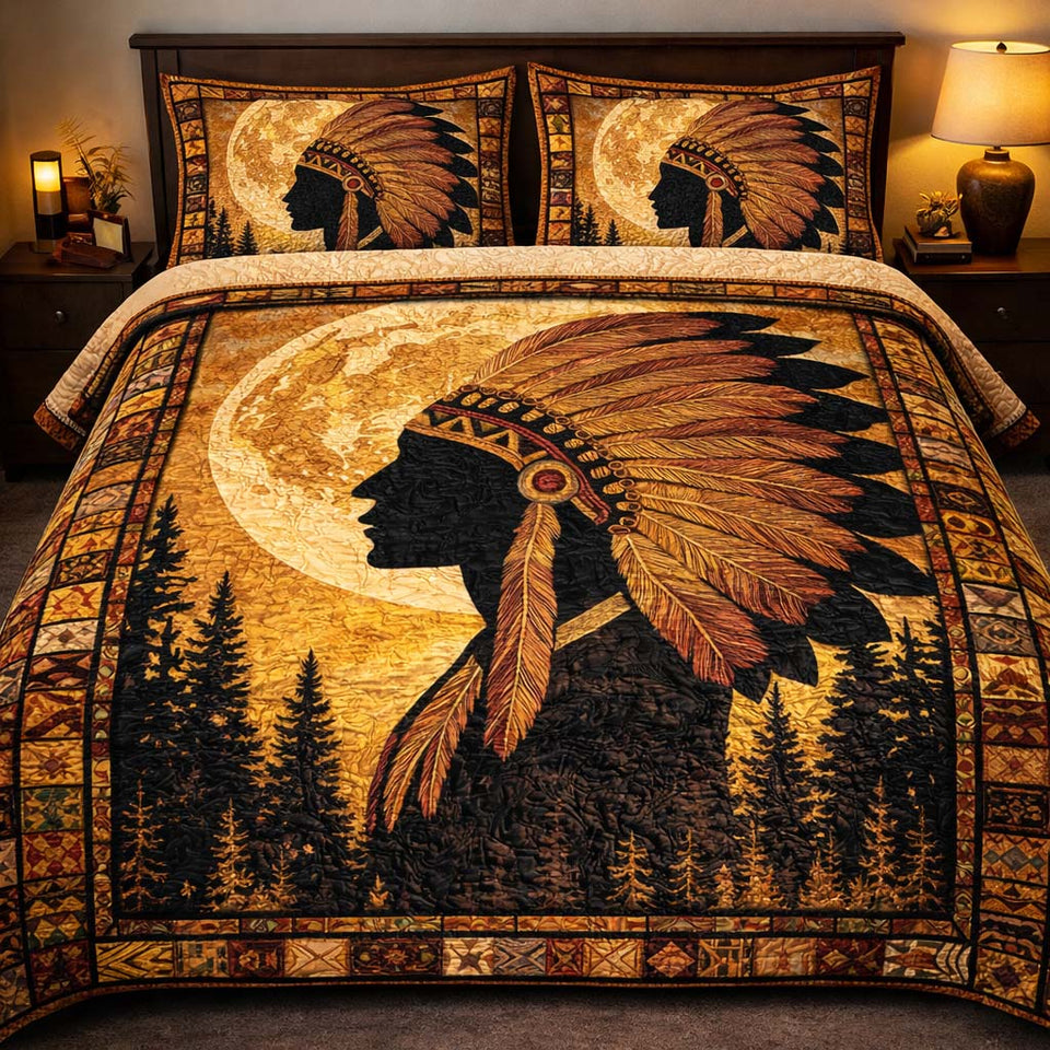 Moonlit Tribal Chief quilted bedding set, quilt and two pillow shams on a made bed
