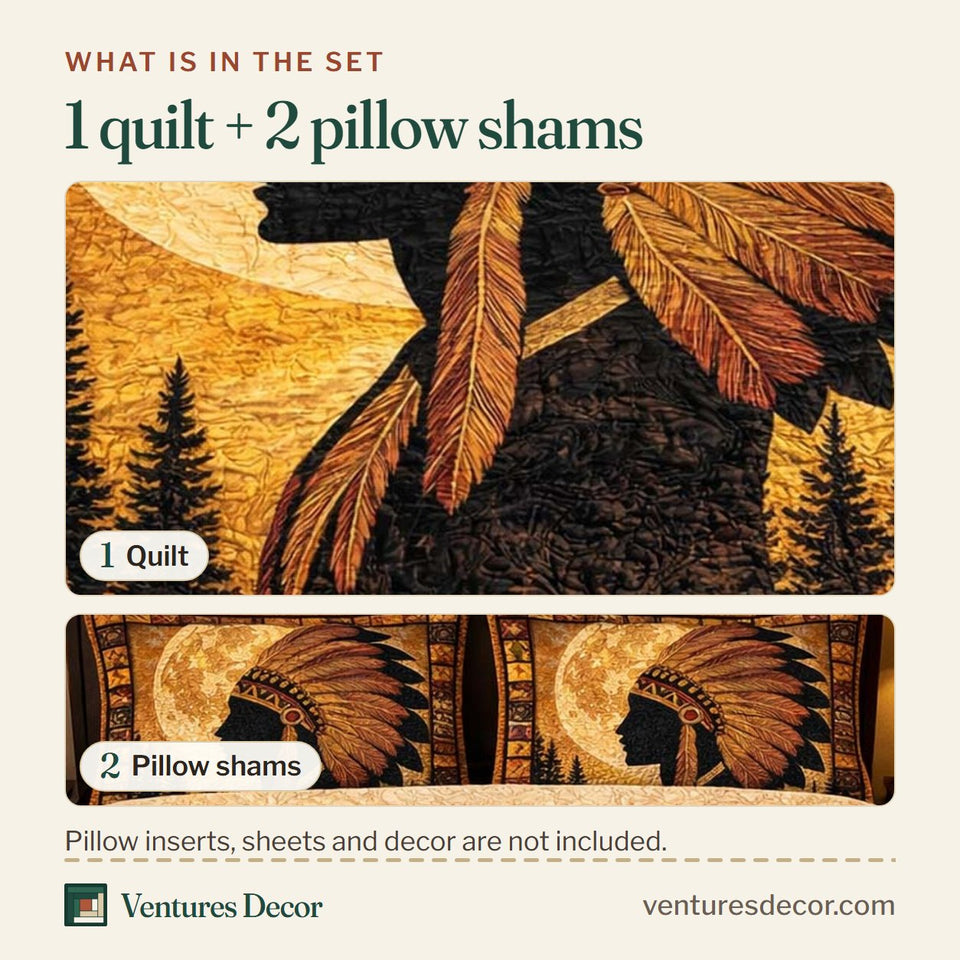 What is in the set: one quilt and two pillow shams, shown in the Moonlit Tribal Chief design