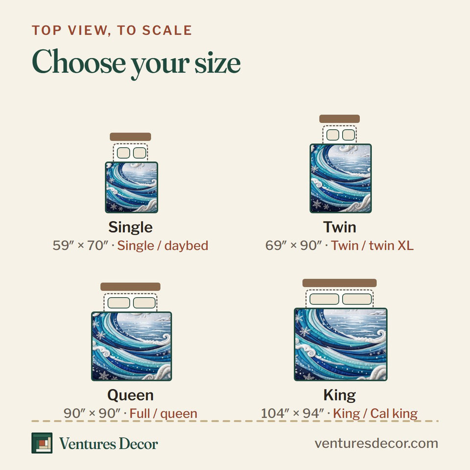 Size guide for the Moonlit Wave quilt, top view to scale: Single 59 x 70 in, Twin 69 x 90 in, Queen 90 x 90 in, King 104 x 94 in