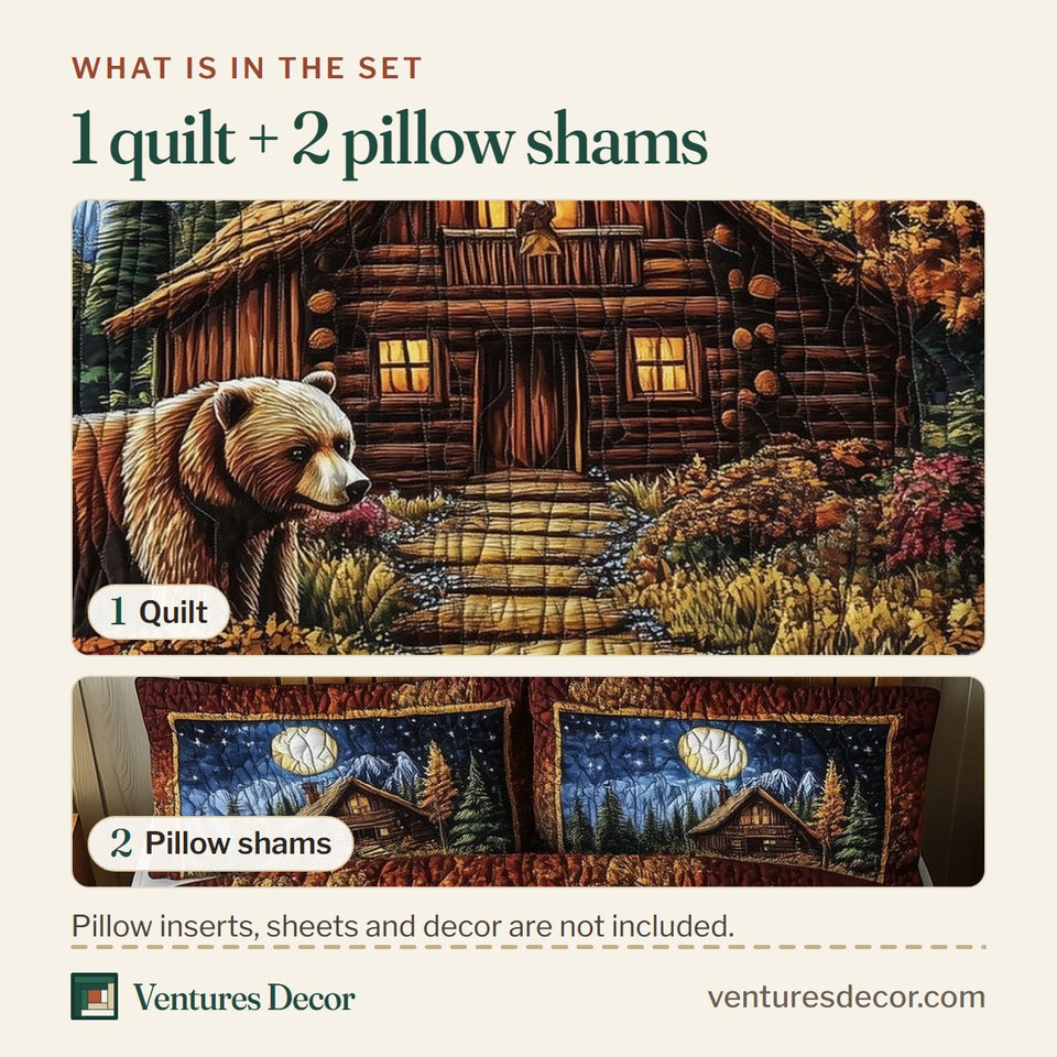 What is in the set: one quilt and two pillow shams, shown in the Moonrise Bear Cabin design