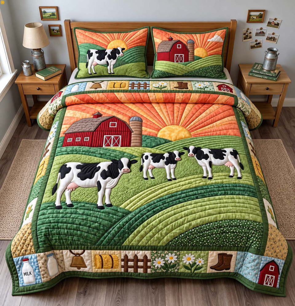 Morning Dairy Farm quilted bedding set, quilt and two pillow shams on a made bed