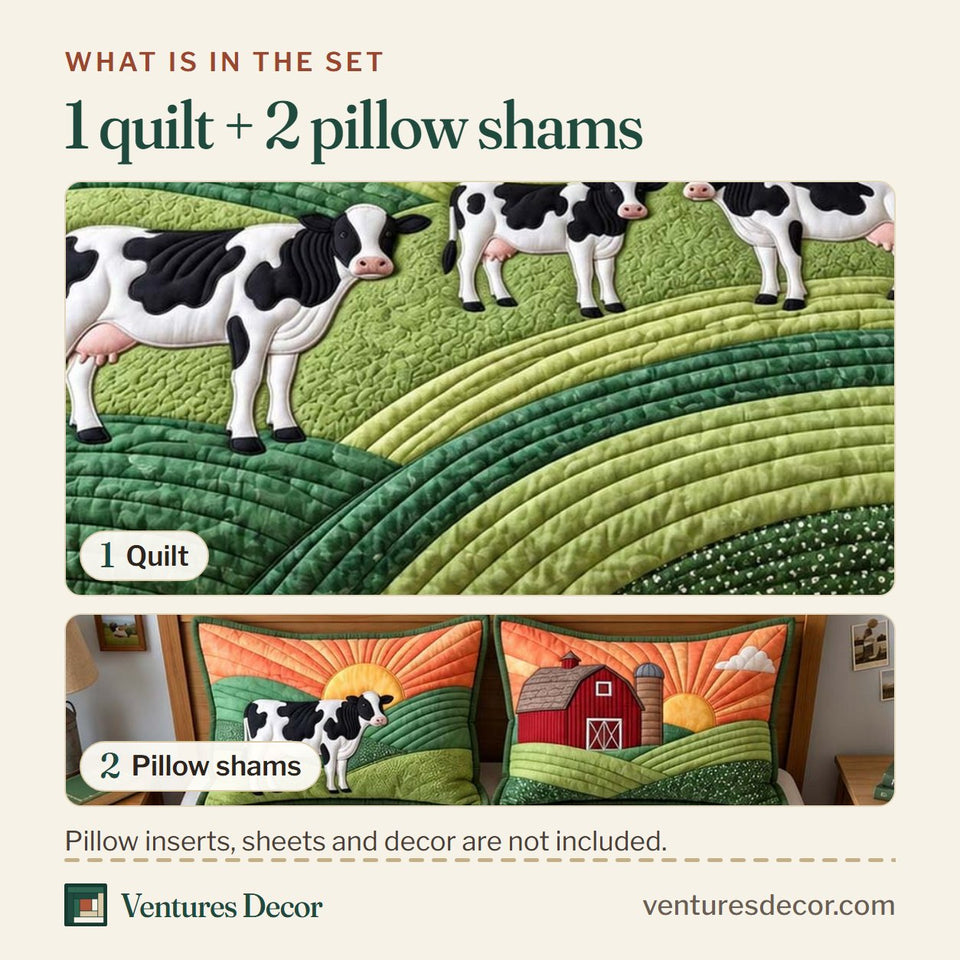 What is in the set: one quilt and two pillow shams, shown in the Morning Dairy Farm Quilt Set, 3-Piece Quilted Bedding with 2 Pillow Shams design