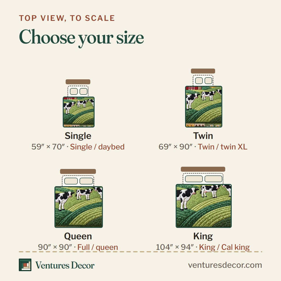 Size guide for the Morning Dairy Farm Quilt Set, 3-Piece Quilted Bedding with 2 Pillow Shams quilt, top view to scale: Single 59 x 70 in, Twin 69 x 90 in, Queen 90 x 90 in, King 104 x 94 in