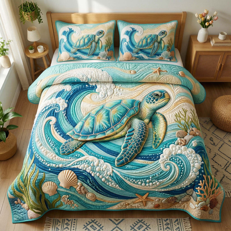 Mosaic Reef quilted bedding set, quilt and two pillow shams on a made bed