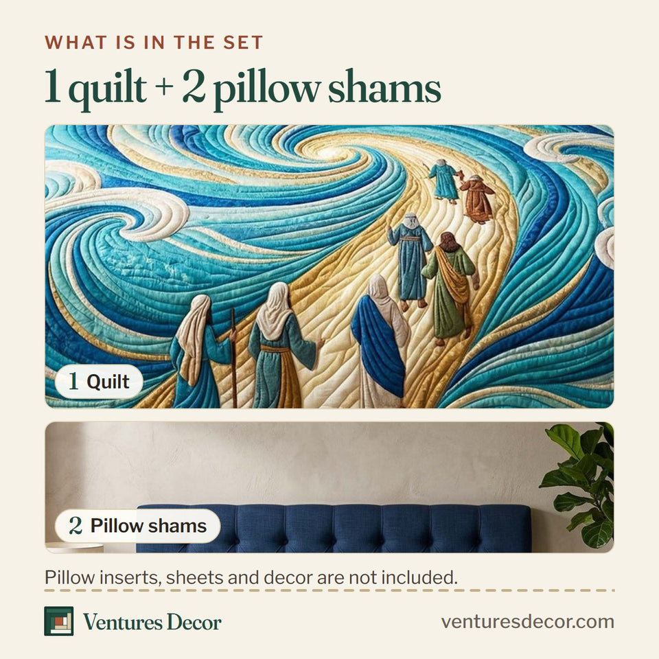 What is in the set: one quilt and two pillow shams, shown in the Moses Swirl design