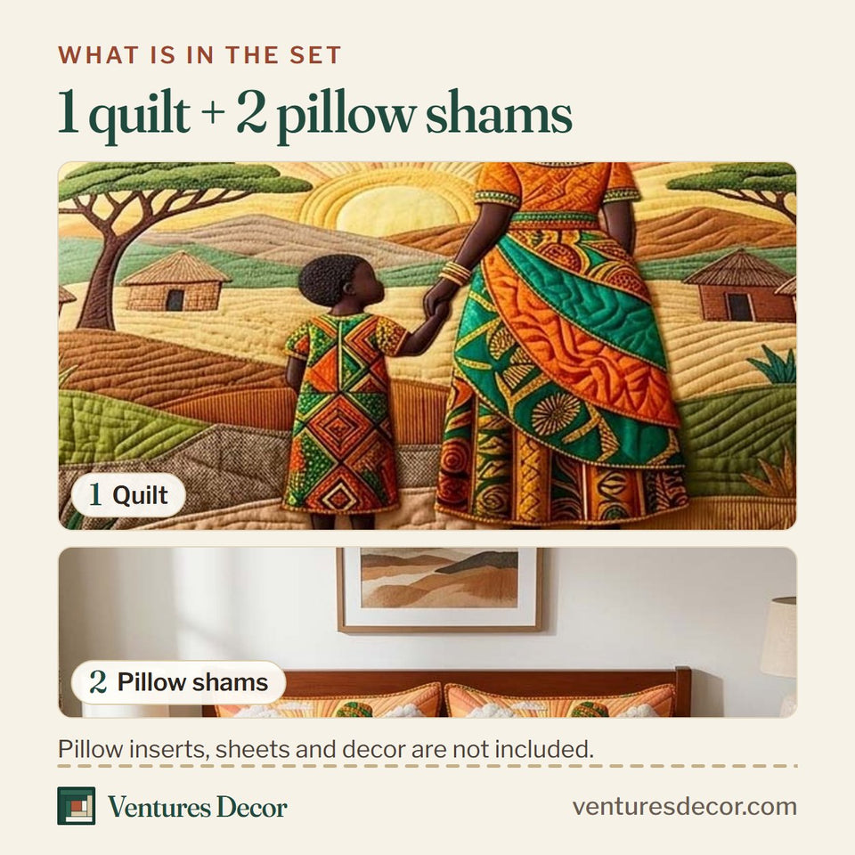 What is in the set: one quilt and two pillow shams, shown in the Mother Journey design