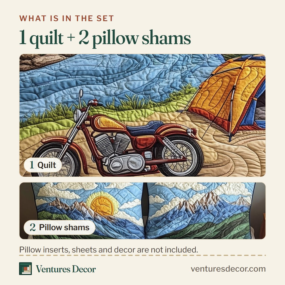 What is in the set: one quilt and two pillow shams, shown in the Motorcycle Camp River Trail design