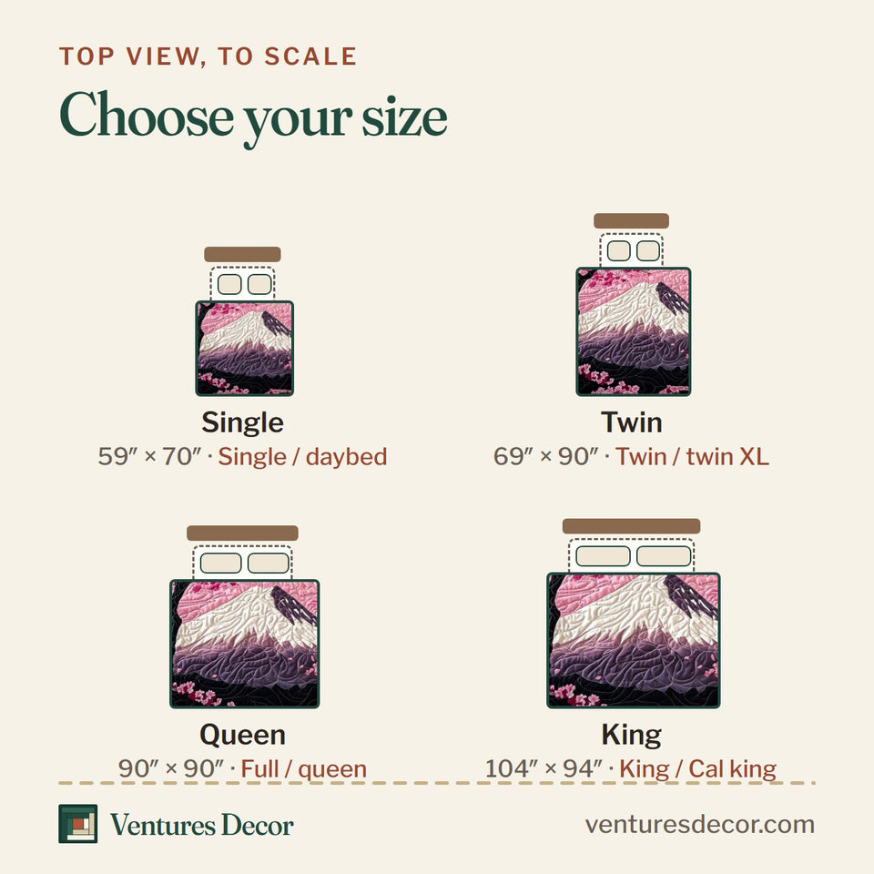 Size guide for the Mount Fuji Path quilt, top view to scale: Single 59 x 70 in, Twin 69 x 90 in, Queen 90 x 90 in, King 104 x 94 in