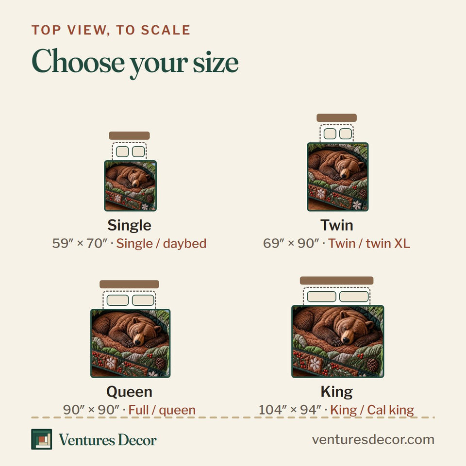 Size guide for the Mountain Bear Den quilt, top view to scale: Single 59 x 70 in, Twin 69 x 90 in, Queen 90 x 90 in, King 104 x 94 in
