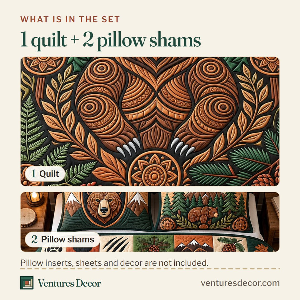 What is in the set: one quilt and two pillow shams, shown in the Mountain Bear design