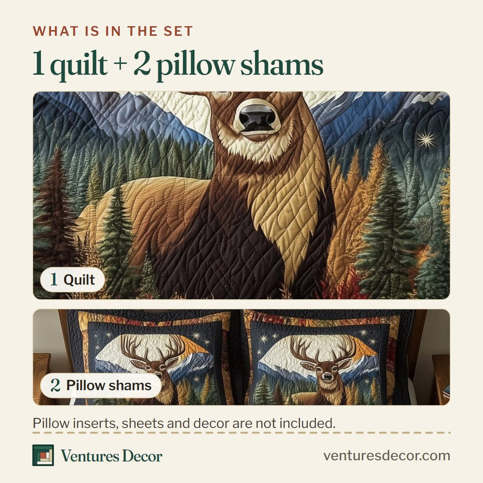 What is in the set: one quilt and two pillow shams, shown in the Mountain Buck Majesty design