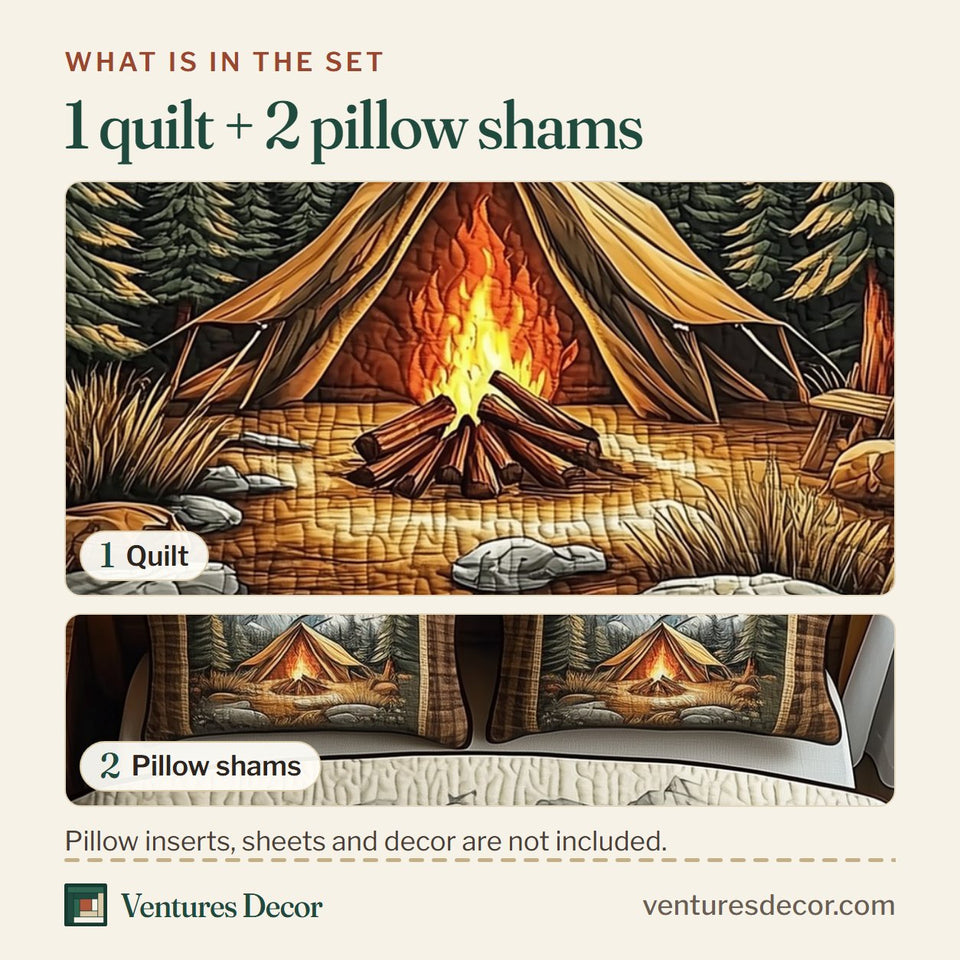 What is in the set: one quilt and two pillow shams, shown in the Mountain Campfire Tent design