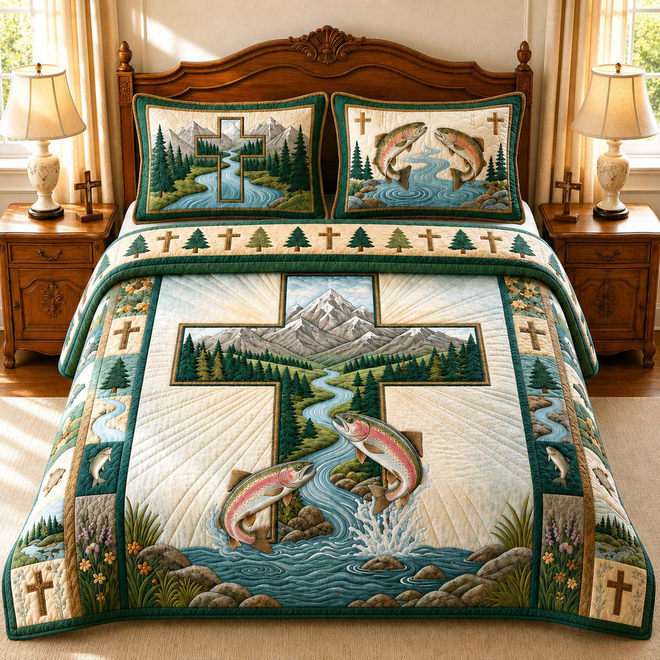 Mountain Cross Fishing quilted bedding set, quilt and two pillow shams on a made bed