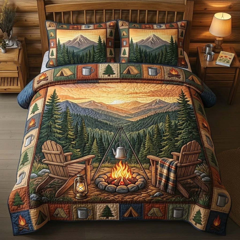 Mountain Ember quilted bedding set, quilt and two pillow shams on a made bed