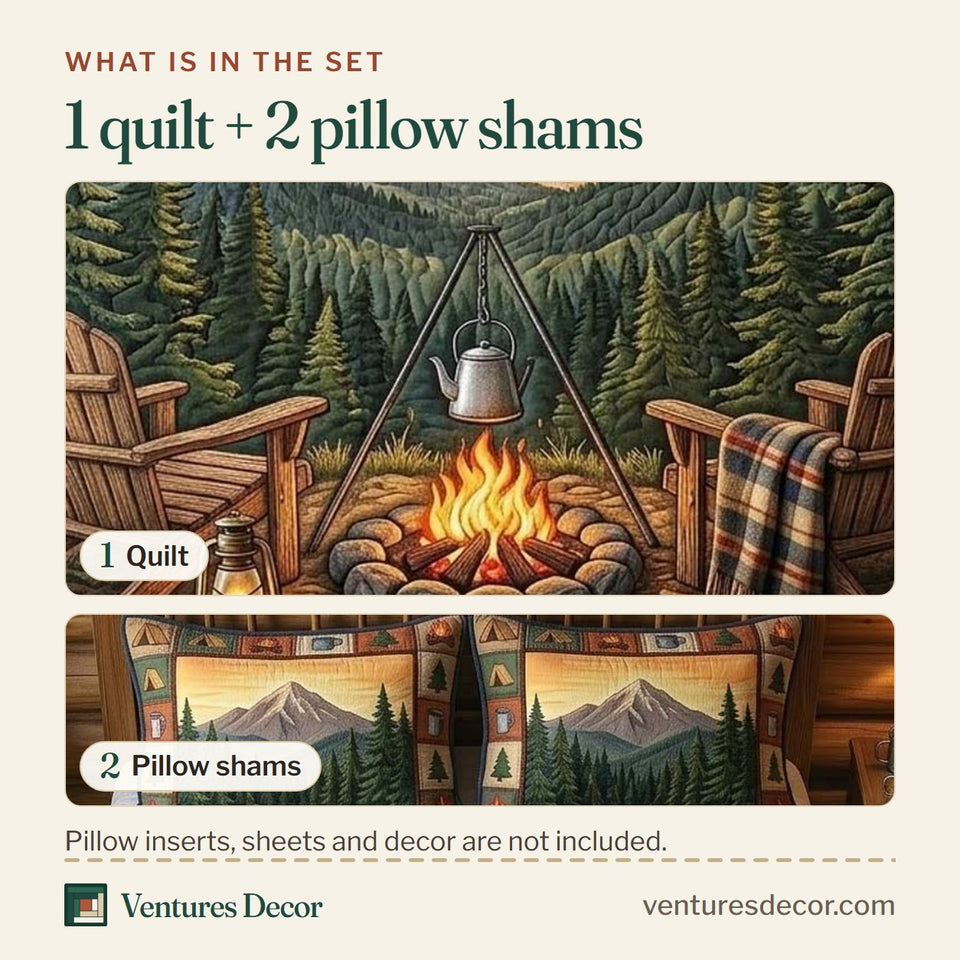 What is in the set: one quilt and two pillow shams, shown in the Mountain Ember design