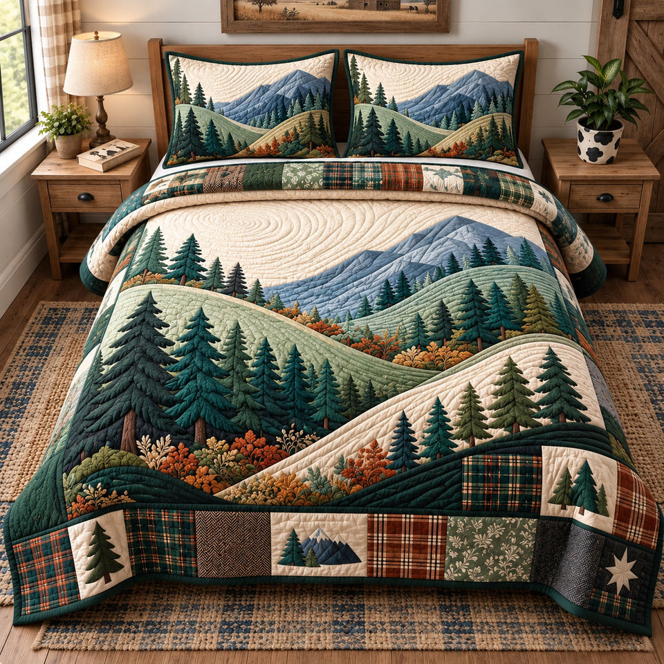 Mountain Forest quilted bedding set, quilt and two pillow shams on a made bed