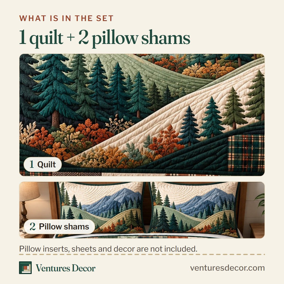 What is in the set: one quilt and two pillow shams, shown in the Mountain Forest Quilt Set, 3-Piece Quilted Bedding with 2 Pillow Shams design