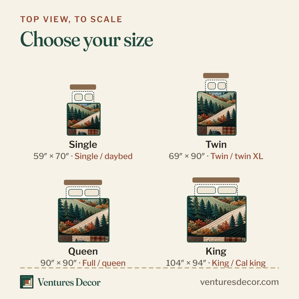 Size guide for the Mountain Forest Quilt Set, 3-Piece Quilted Bedding with 2 Pillow Shams quilt, top view to scale: Single 59 x 70 in, Twin 69 x 90 in, Queen 90 x 90 in, King 104 x 94 in