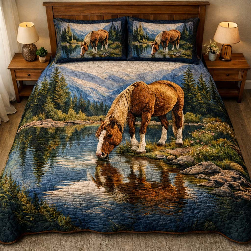 Mountain Lake Horse quilted bedding set, quilt and two pillow shams on a made bed