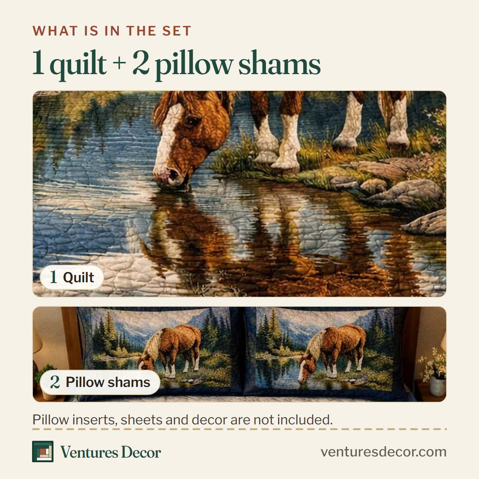 What is in the set: one quilt and two pillow shams, shown in the Mountain Lake Horse design
