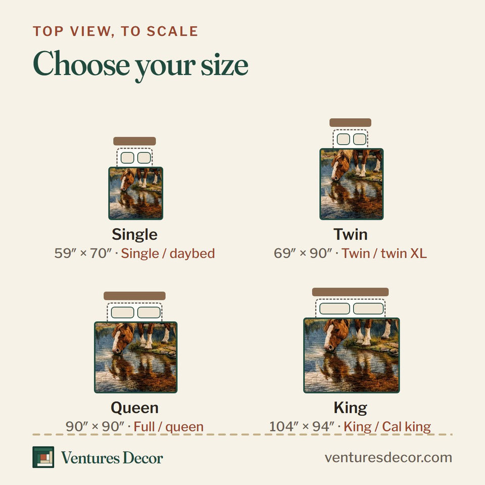 Size guide for the Mountain Lake Horse quilt, top view to scale: Single 59 x 70 in, Twin 69 x 90 in, Queen 90 x 90 in, King 104 x 94 in