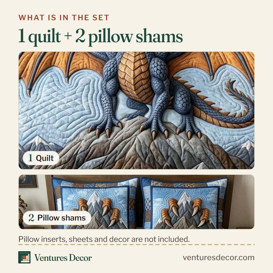 What is in the set: one quilt and two pillow shams, shown in the Mountain Peak Dragon design