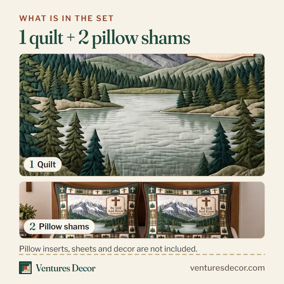 What is in the set: one quilt and two pillow shams, shown in the Mountain Psalm Haven design
