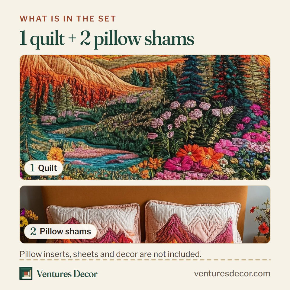 What is in the set: one quilt and two pillow shams, shown in the Mountain's Embrace Orange and Teal Range design