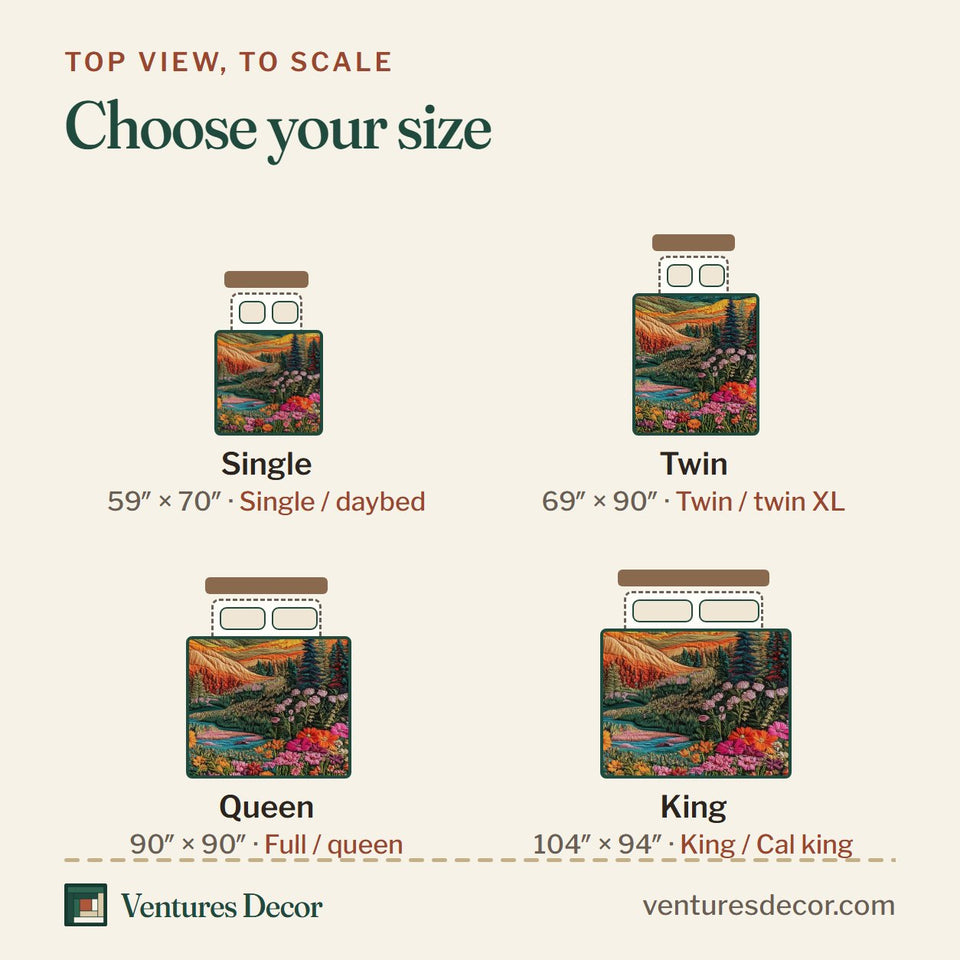 Size guide for the Mountain's Embrace Orange and Teal Range quilt, top view to scale: Single 59 x 70 in, Twin 69 x 90 in, Queen 90 x 90 in, King 104 x 94 in