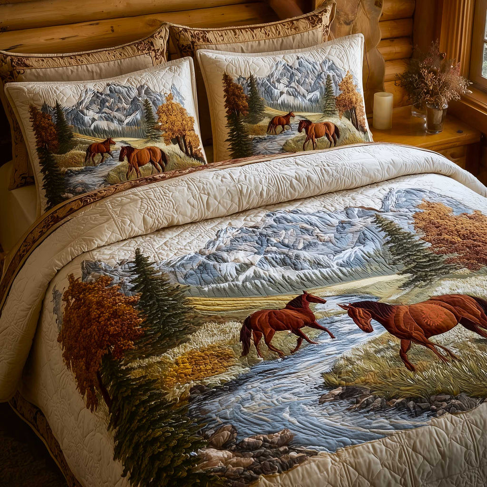Mountain Serenity Horses at River Bend quilted bedding set, quilt and two pillow shams on a made bed