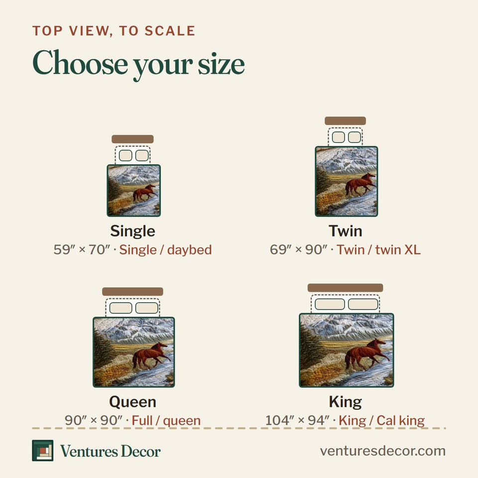 Size guide for the Mountain Serenity Horses at River Bend quilt, top view to scale: Single 59 x 70 in, Twin 69 x 90 in, Queen 90 x 90 in, King 104 x 94 in