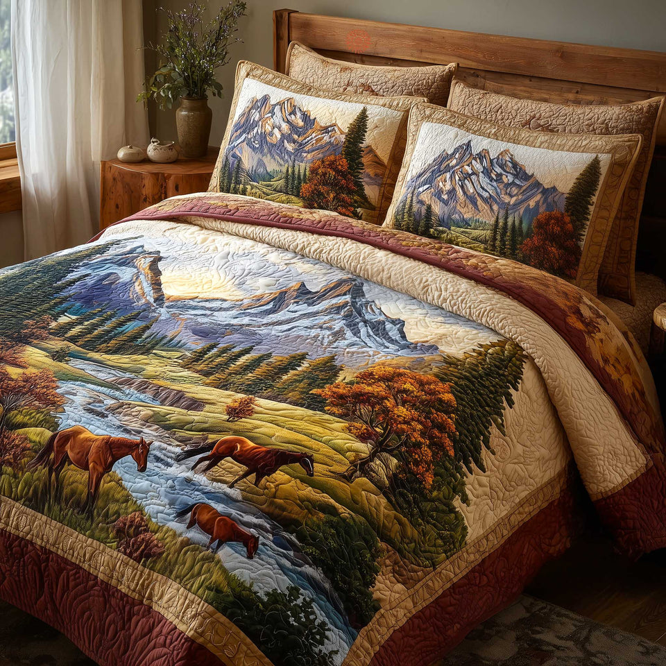 Mountain Serenity Valley Meadow Horses quilted bedding set, quilt and two pillow shams on a made bed