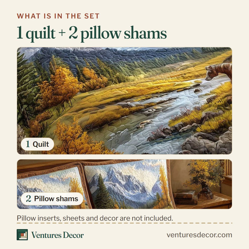 What is in the set: one quilt and two pillow shams, shown in the Mountain Stream Mustang design