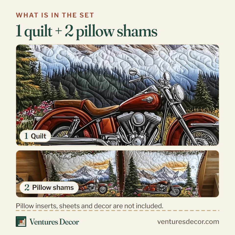 What is in the set: one quilt and two pillow shams, shown in the Mountain Trail Motorcycle design