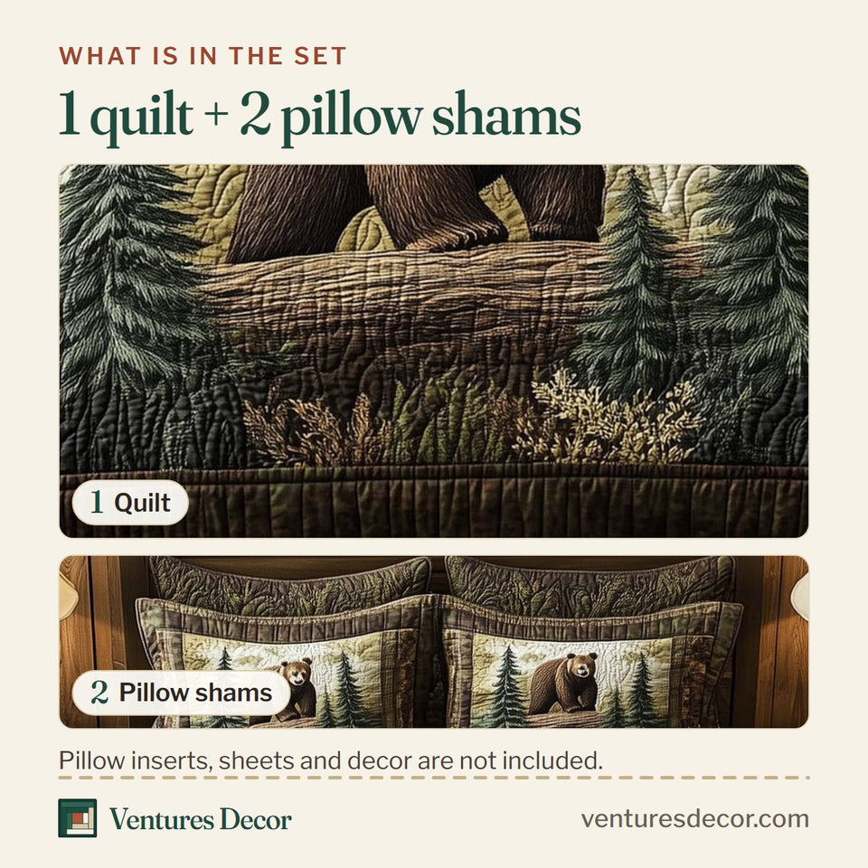 What is in the set: one quilt and two pillow shams, shown in the Mountain WildLife Bear on the Fallen Log design
