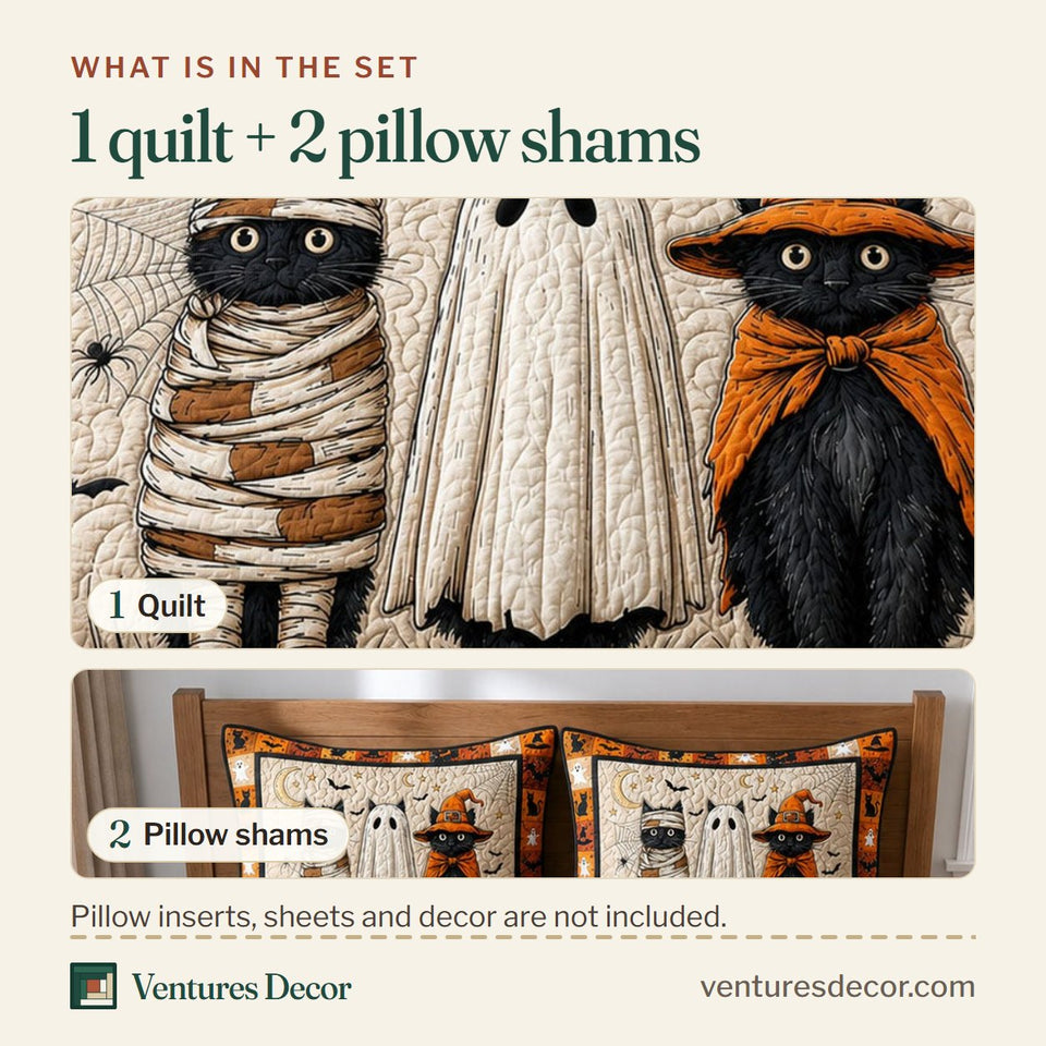 What is in the set: one quilt and two pillow shams, shown in the Mummy Ghost Cat Trio design