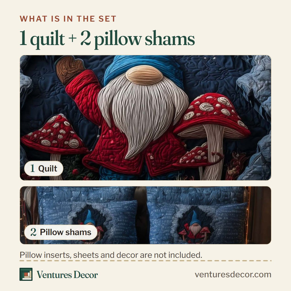 What is in the set: one quilt and two pillow shams, shown in the Mushroom Gnome design