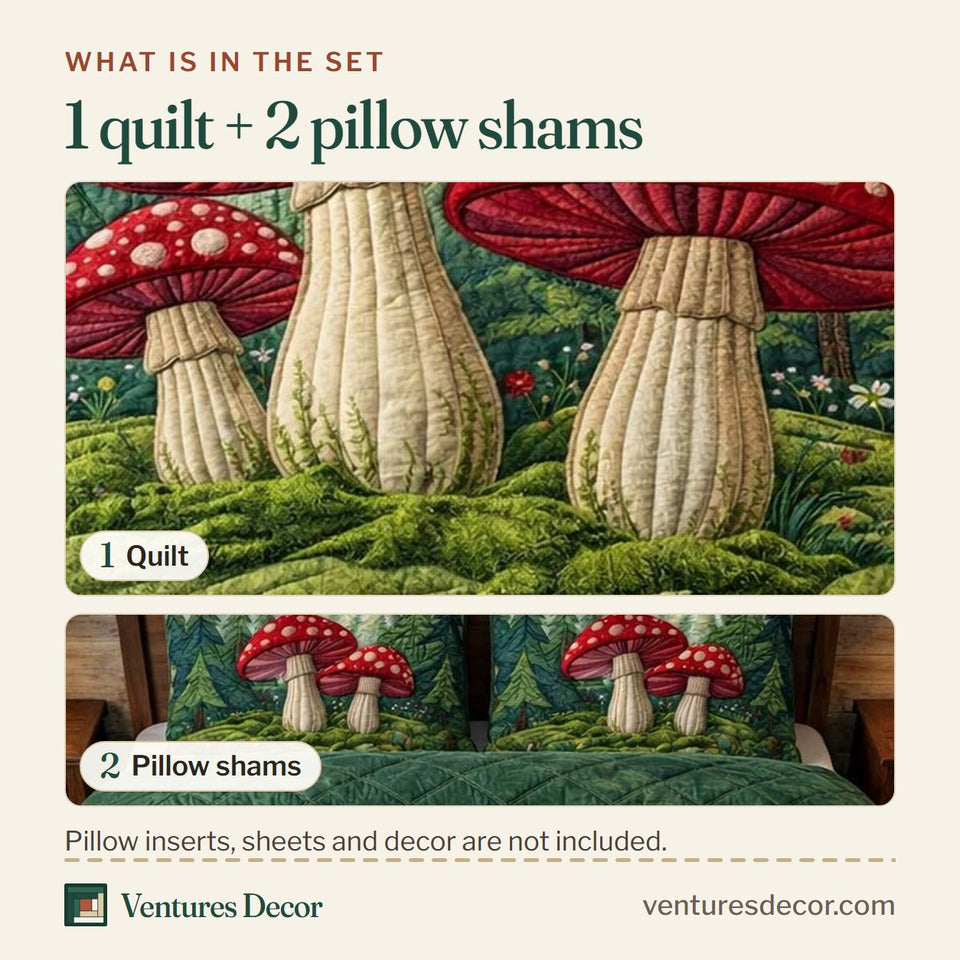 What is in the set: one quilt and two pillow shams, shown in the Mushroom Hills design