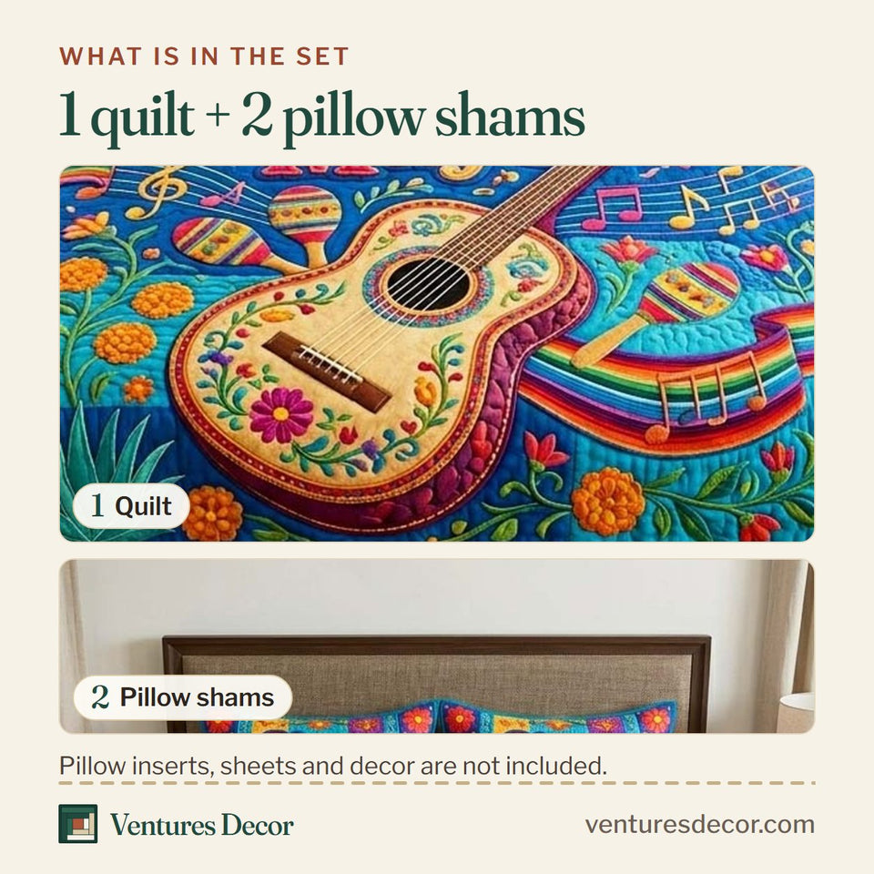 What is in the set: one quilt and two pillow shams, shown in the Music Fiesta design