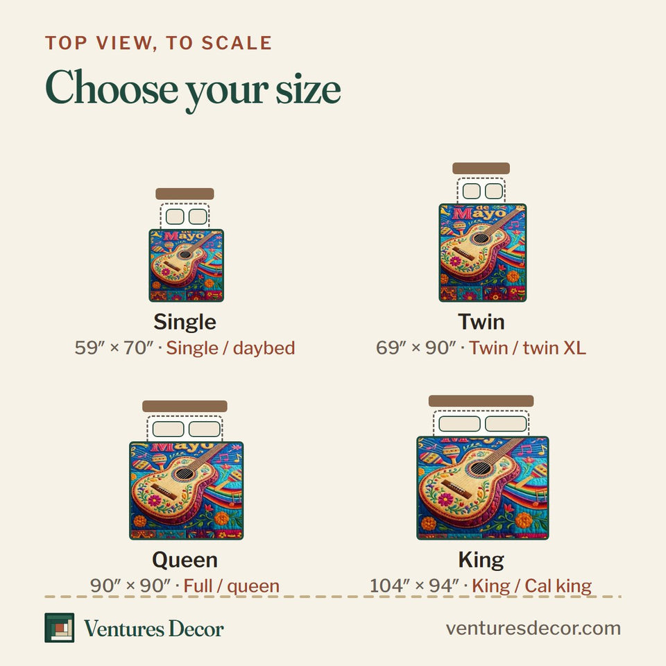Size guide for the Music Fiesta quilt, top view to scale: Single 59 x 70 in, Twin 69 x 90 in, Queen 90 x 90 in, King 104 x 94 in