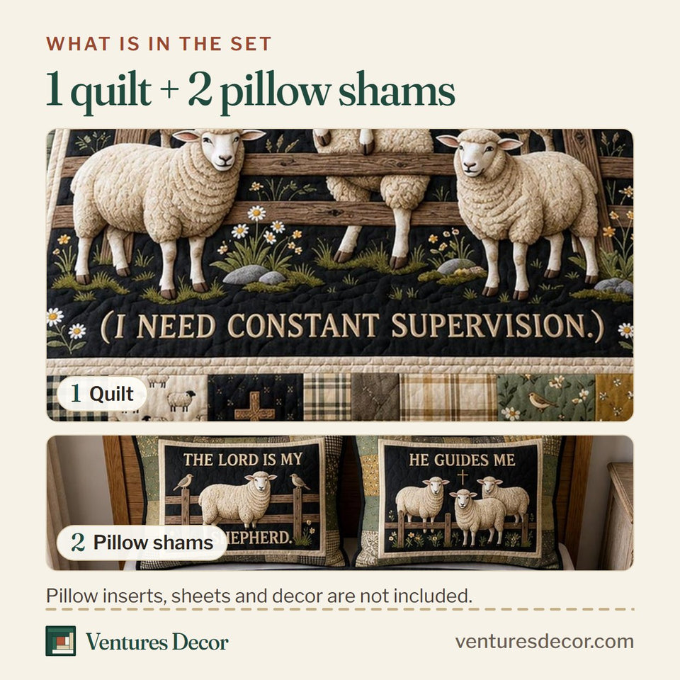 What is in the set: one quilt and two pillow shams, shown in the My Shepherd design