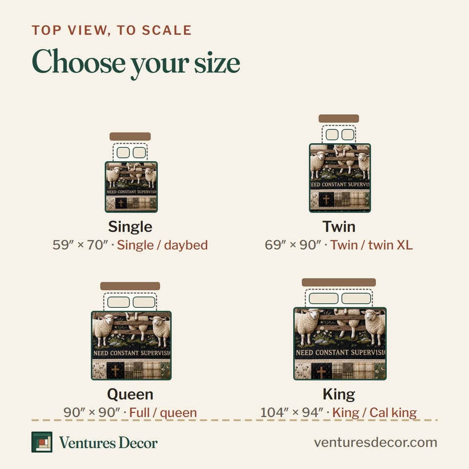 Size guide for the My Shepherd quilt, top view to scale: Single 59 x 70 in, Twin 69 x 90 in, Queen 90 x 90 in, King 104 x 94 in