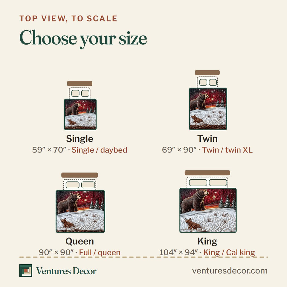 Size guide for the Mystery Forest Bear Fox quilt, top view to scale: Single 59 x 70 in, Twin 69 x 90 in, Queen 90 x 90 in, King 104 x 94 in