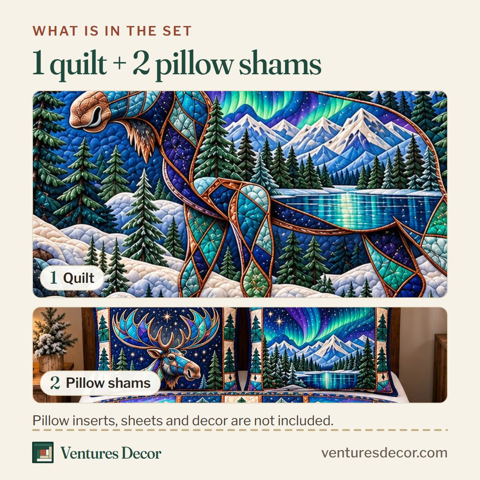 What is in the set: one quilt and two pillow shams, shown in the Mystic Aurora Moose design