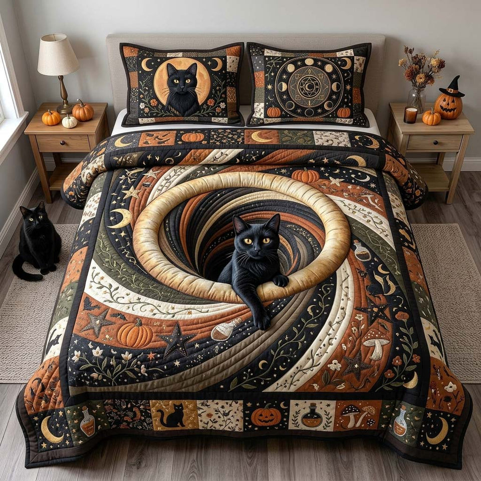 Mystic Cat Hollow quilted bedding set, quilt and two pillow shams on a made bed