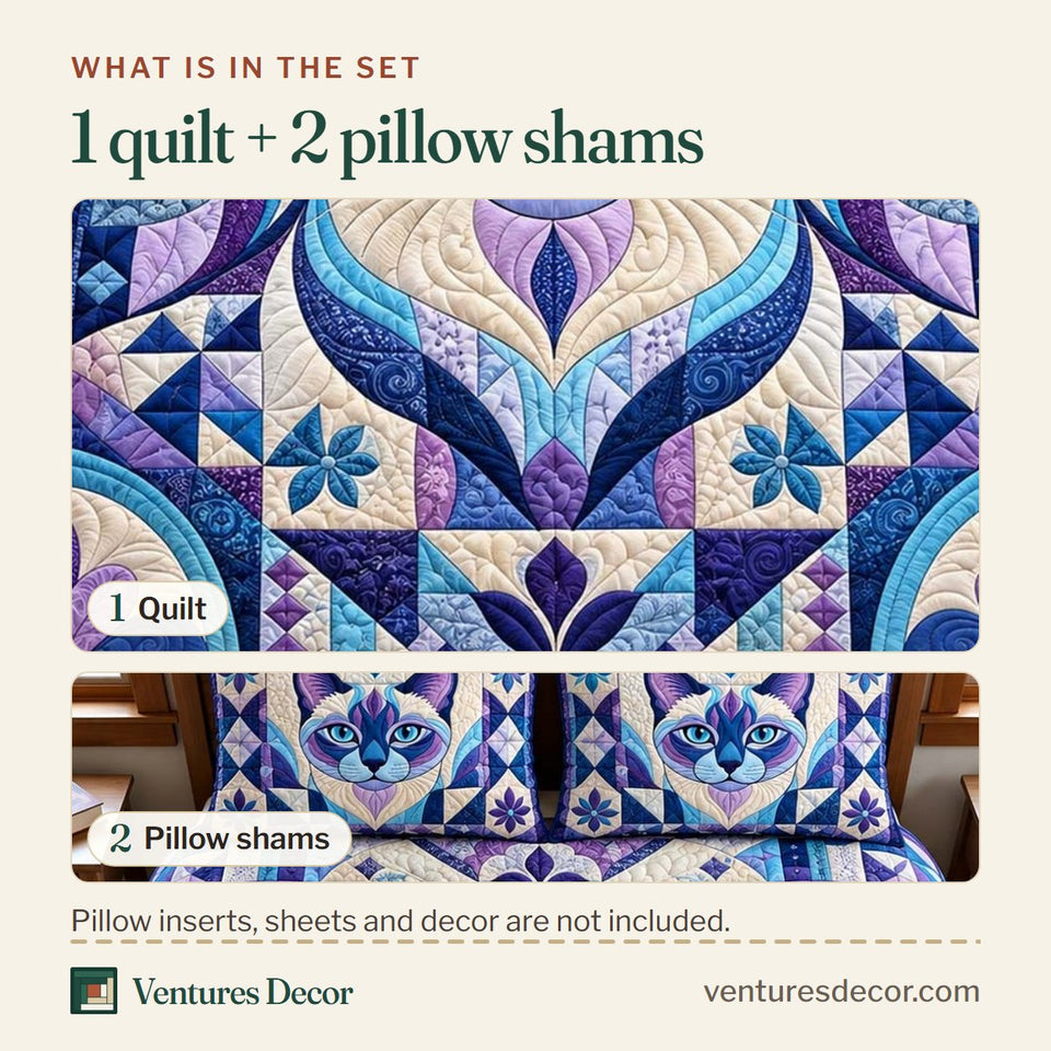 What is in the set: one quilt and two pillow shams, shown in the Mystic Cat design